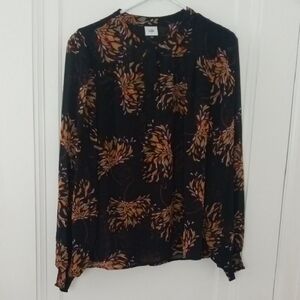 Black and Orange Floral Blouse, sheer long sleeve, Large CABI